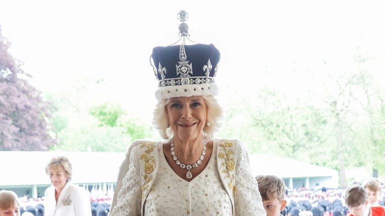 Queen Camilla smiles after her Coronation with King Charles III, at Buckingham Palace
Pic:Chris Jackson/Reuters
