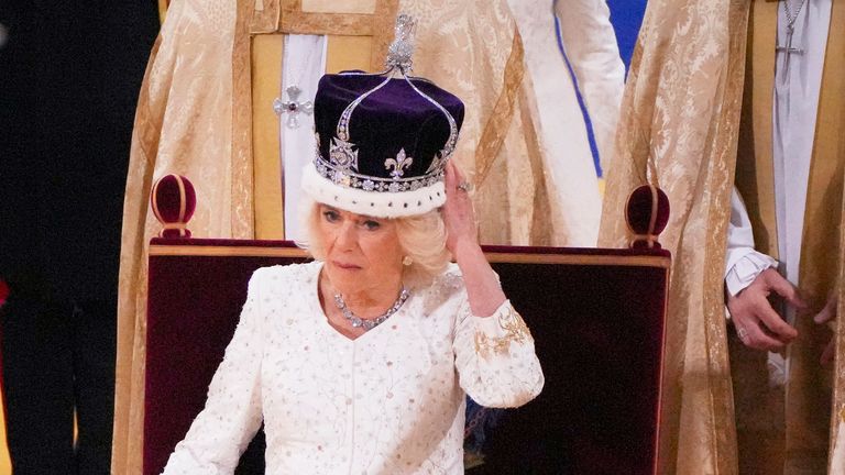 Queen Camilla after being crowned with Queen Mary&#39;s Crown by the Archbishop of Canterbury the Most Reverend Justin Welby during her coronation ceremony in Westminster Abbey, London. Picture date: Saturday May 6, 2023. PA Photo. See PA story ROYAL Coronation. Photo credit should read: Aaron Chown/PA Wire