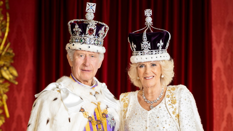 King Charles III and Queen Camilla are pictured in the Throne Room at Buckingham Palace, London