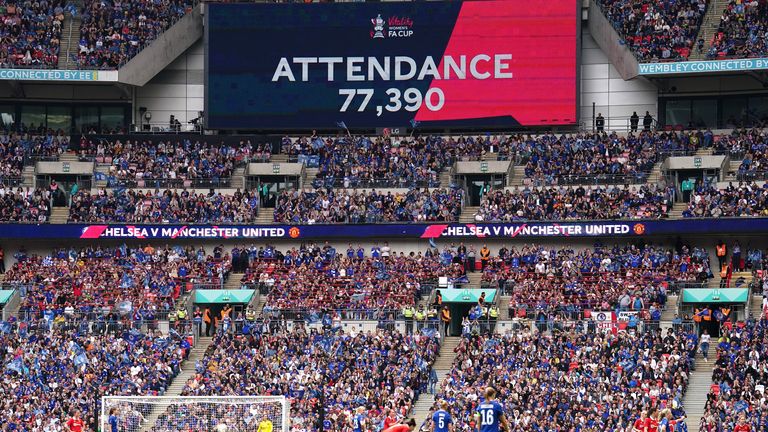 A general view of the fans in the stands making up a record-breaking attendance during the Vitality Women&#39;s FA Cup final at Wembley Stadium, London. Picture date: Sunday May 14, 2023.

