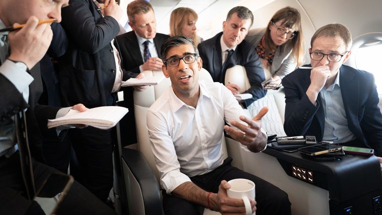 Prime Minister Rishi Sunak holds a huddle with political journalists on board a government plane as he heads to Japan to attend the G7 summit in Hiroshima. Picture date: Wednesday May 17, 2023.