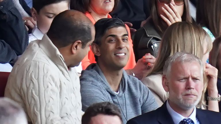 Prime minister Rishi Sunak (centre) in the stands during the Premier League match at St. Mary&#39;s Stadium, Southampton. Picture date: Saturday May 13, 2023. PA Photo. See PA story SOCCER Southampton. Photo credit should read: Adam Davy/PA Wire...RESTRICTIONS: EDITORIAL USE ONLY