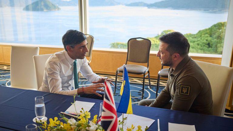 President Volodymyr Zelenskyj with Rishi Sunak (Prime Minister Great Britain) on May 20, 2023 in Hiroshima, participation in the G7 summit. Pic: Presidential Office of Ukraine via AP

