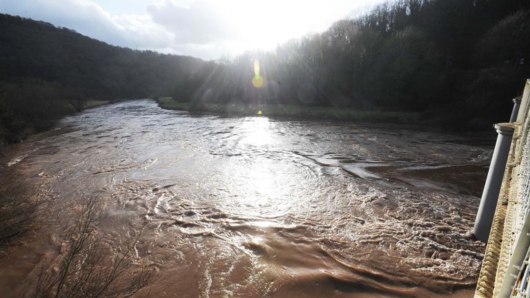 Fast flowing River Wye at Brockweir in the Wye Valley. Pic date: 17 January 2010