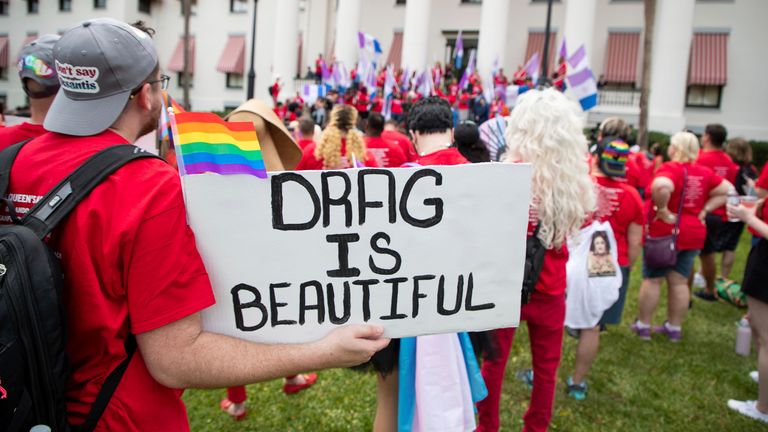 Hundreds of drag queens and allies march from Cascades Park to the Florida state Capitol in Tallahassee, Fla., where a rally was held on the steps of the Historical Capitol building to speak out in opposition to "continued attacks on the LGBTQIA+ community by Gov. Ron DeSantis and other Republican state legislators," Tuesday, April 25, 2023. (Alicia Devine/Tallahassee Democrat via AP)