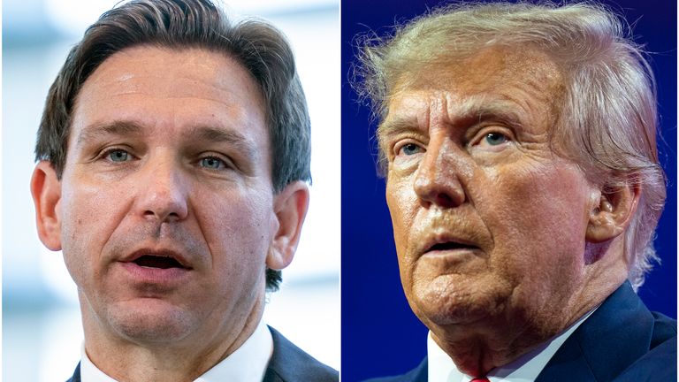 FILE - This combination of photos shows Florida Gov. Ron DeSantis speaking on April 21, 2023, in Oxon Hill, Md., left, and former President Donald Trump speaking on March 4, 2023, at National Harbor in Oxon Hill, Md. DeSantis and Trump will share the spotlight in Iowa on Saturday, May 13, providing a chance to sway influential conservative activists and contrast their campaign styles in Republicans' leadoff voting state. (AP Photo/Alex Brandon, File)