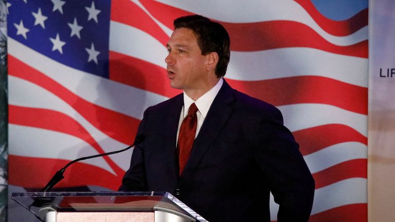 FILE PHOTO: Florida Governor Ron DeSantis speaks during the Florida Family Policy Council Annual Dinner Gala, in Orlando, Florida, U.S., May 20, 2023. REUTERS/Marco Bello/File Photo