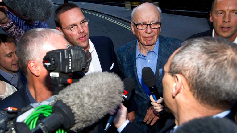 Rupert Murdoch and son James face the media in July 2011 as it was announced the News of the World would be closed down Pic: AP 