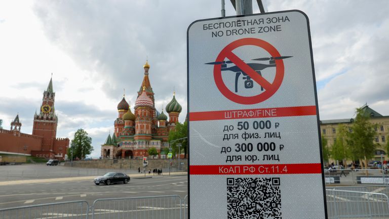 A sign in central Moscow says drones are banned in the area