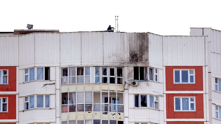 A view shows a damaged multi-storey apartment block following a reported drone attack in Moscow, Russia 