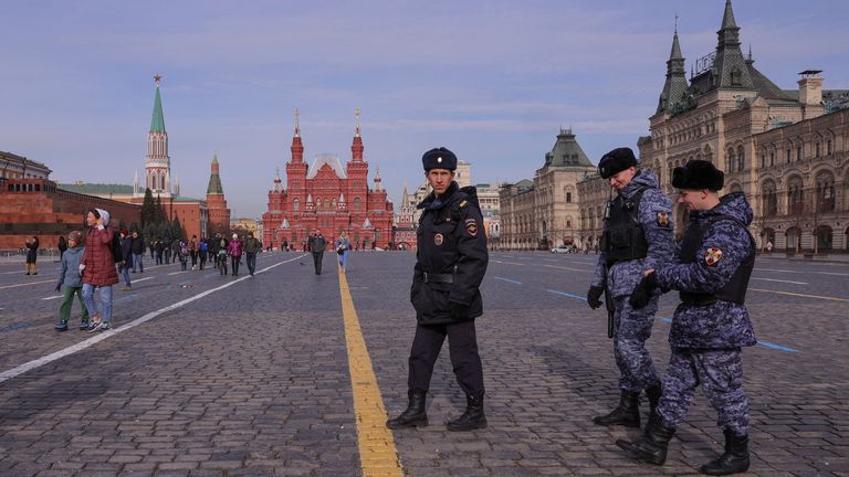 Russian law enforcement officers patrol Red Square in central Moscow, Russia, ahead of Victory Day on 9 May