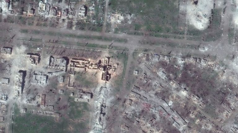 This satellite image provided by MaxarTechnologies shows the demolished university buildings and the radio tower in Bakhmut, Ukraine. Pic:AP
