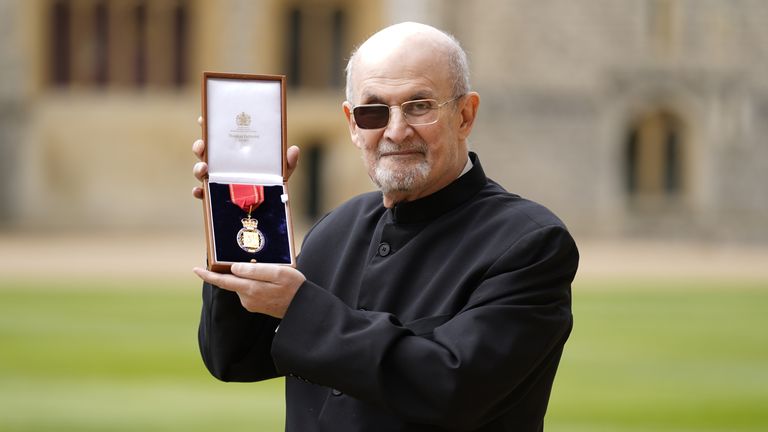 Sir Salman Rushdie after being made a Companion of Honour by the Princess Royal, during an investiture ceremony at Windsor Castle, Berkshire. Picture date: Tuesday May 23, 2023.