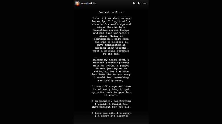 Sam Smith&#39;s Instagram story after they cancelled their show. Pic: Sam Smith 