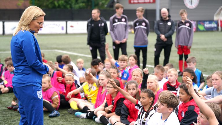 England manager Sarina Wiegman speaks to kids during a youth football session as part of a squad announcement for the upcoming 2023 FIFA Women&#39;s World Cup. Picture date: Wednesday May 31, 2023.