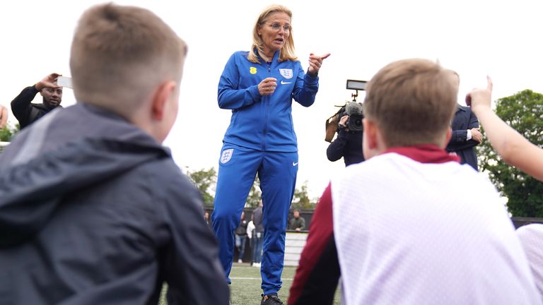 England manager Sarina Wiegman speaks to kids during a youth football session as part of a squad announcement for the upcoming 2023 FIFA Women&#39;s World Cup