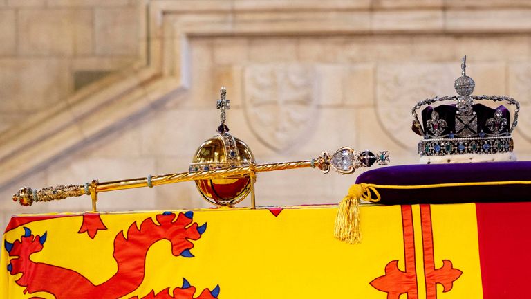 The sceptre, orb and imperial state crown were placed on the Queen&#39;s coffin during the lying in state