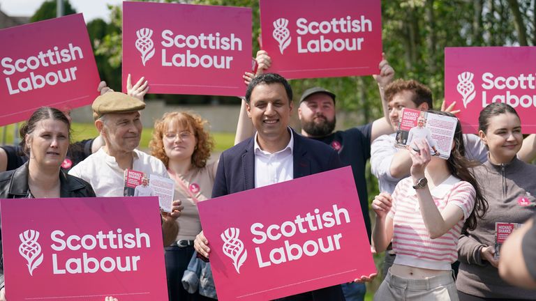 Scottish Labour leader Anas Sarwar campaigning in Cambuslang after former SNP MP Margaret Ferrier lost her appeal against a proposed 30-day suspension from Commons - bringing a by-election in her Rutherglen and Hamilton West constituency a step closer. Picture date: Monday May 22, 2023.