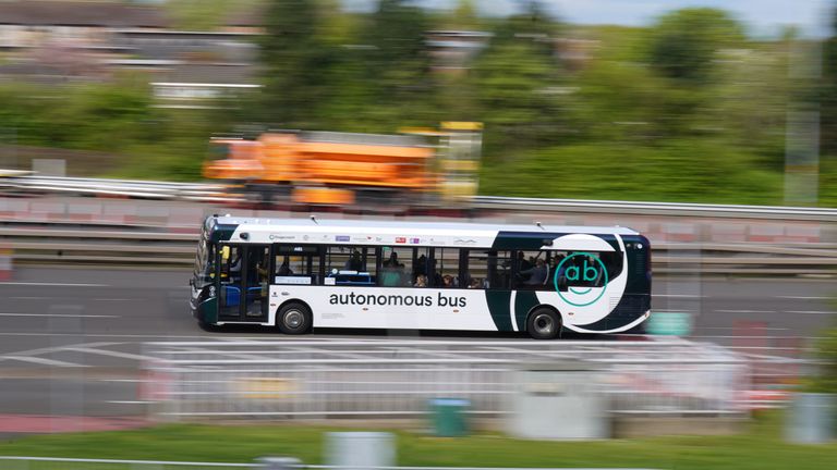 One of the new buses crosses Forth Road Bridge in Scotland, during the launch of the UK&#39;s first autonomous bus service. A fleet of five Alexander Dennis Enviro200AV vehicles will cover a 14-mile route, in mixed traffic, at up to 50mph across the Forth Road Bridge near Edinburgh. Picture date: Thursday May 11, 2023.