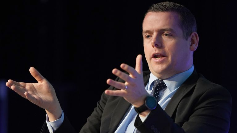 Scottish Conservative Leader Douglas Ross speaking on stage on the second day of the Scottish Conservative party conference at the Scottish Event Campus (SEC) in Glasgow. Picture date: Saturday April 29 2023.
