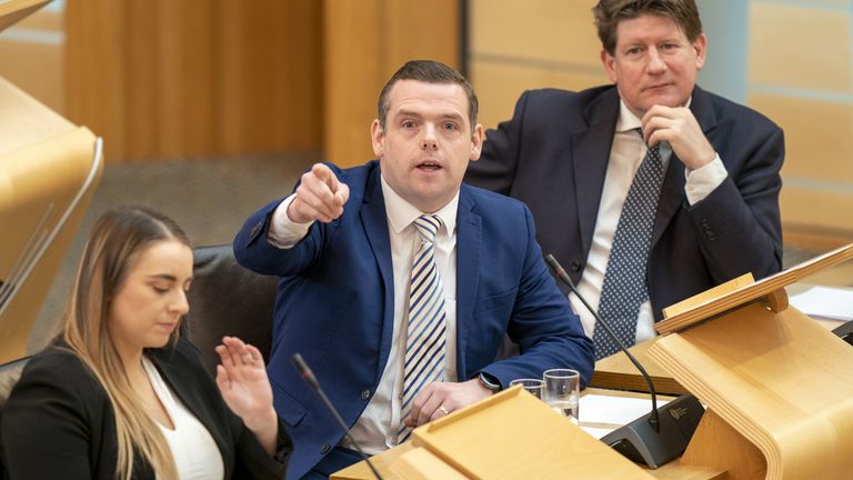 Scottish Conservative party leader Douglas Ross in the main chamber during First Minster&#39;s Questions at the Scottish Parliament in Holyrood, Edinburgh. Picture date: Thursday May 4, 2023.
