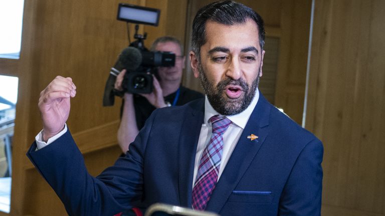 Scotland&#39;s First Minister Humza Yousaf speaks to the media after First Minster&#39;s Questions (FMQ&#39;s) at the Scottish Parliament in Holyrood, Edinburgh. Picture date: Thursday April 27, 2023.