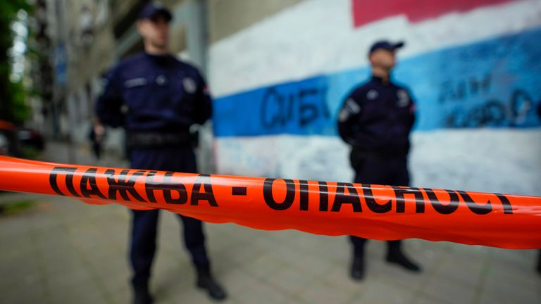 Police block streets around the Vladislav Ribnikar school in Belgrade, Serbia 
Pic:AP