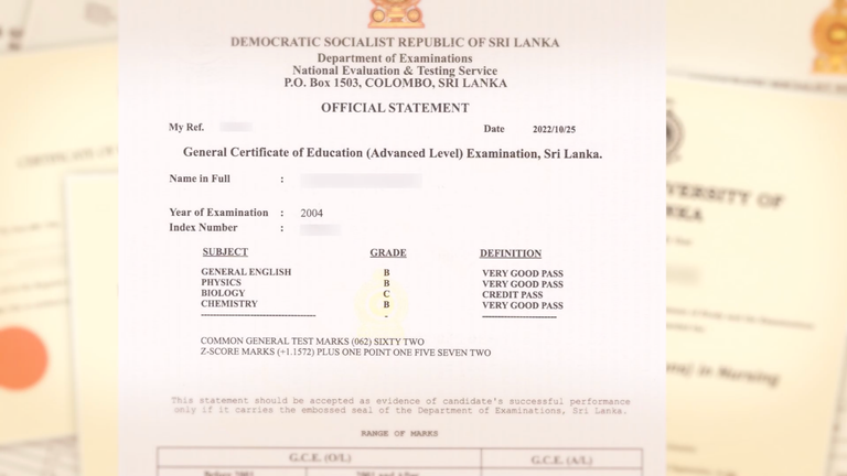 A false document showing that Ms A had a "very good pass"  to an English exam