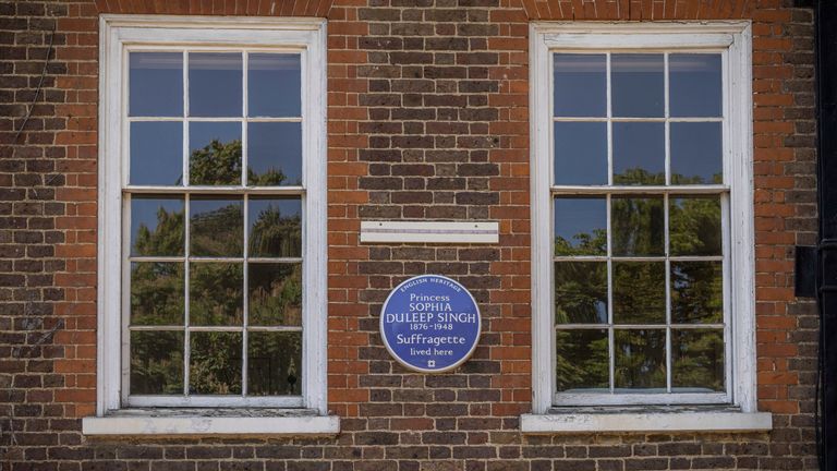 Handout photo issued by English Heritage of a blue plaque honouring a suffragette Indian princess which has been unveiled at her former London home, a grace and favour apartment by Queen Victoria. Princess Sophia Duleep Singh, daughter of the last ruler of the Sikh empire, goddaughter to Queen Victoria and a campaigner for female enfranchisement, was commemorated by English Heritage at Faraday House, Hampton Court. Picture date: Friday May 26, 2023.