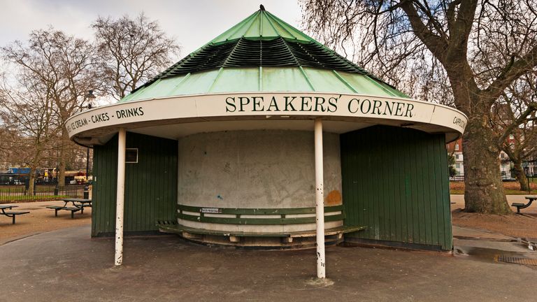 Speakers Corner in Hyde Park, London. This is an image of the seating shelter near to the point where the speakers address the public every Sunday  
Pic:Istock
