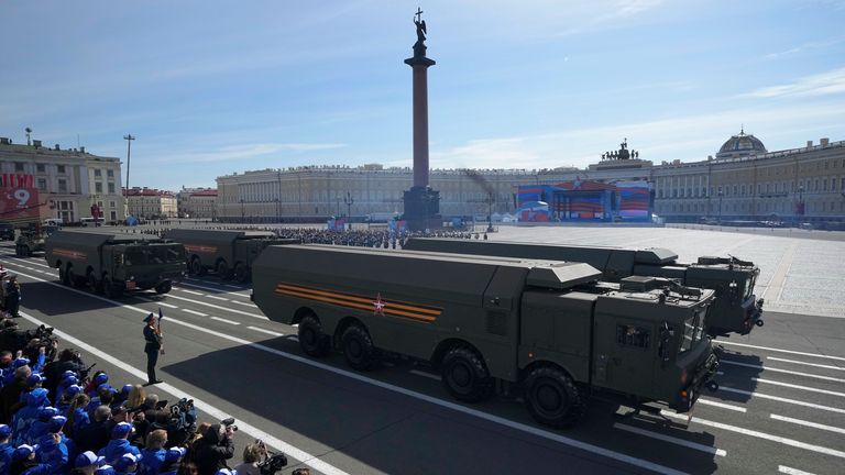 Iskanders, a mobile short-range ballistic missile launcher, rides during the Victory Day military parade in Dvortsovaya (Palace) Square May 9 to celebrate 78 years after the victory in World War II, in St Petersburg, in Russia on Tuesday, May 9, 2023. Photo: AP