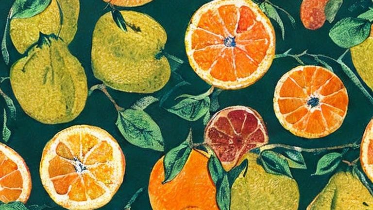 An image of "print of fruits in green and orange" generated by artificial intelligence tool Stable Diffusion, which converts text to image. Pic: Stable Diffusion