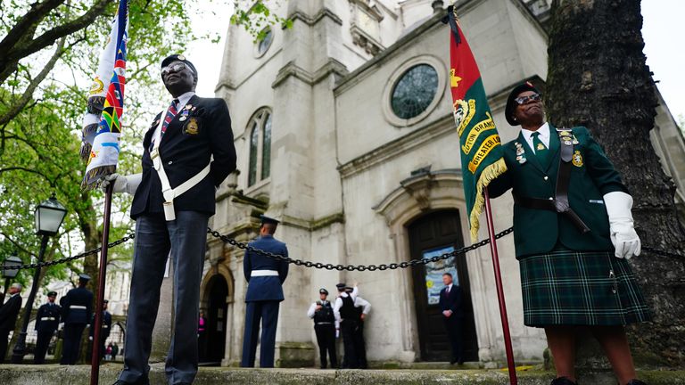 The Guard of Honour in place for the funeral of RAF Sergeant Peter Brown at St Clement Danes Church, in London, one of the last black RAF pilots to have fought in the Second World War. Born in Jamaica in 1926, Sgt Brown died alone aged 96 in Maida Vale, London. He enlisted in the RAF Volunteer Reserve in September 1943. A campaign had been launched by a national newspaper to find Sgt Brown&#39;s surviving family members. Picture date: Thursday May 25, 2023.
