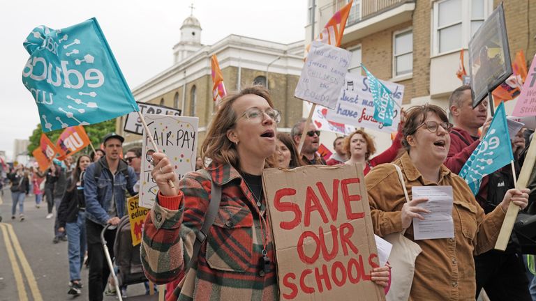 Teacher members of the National Education Union (NEU) at a rally in Brighton as they stage walkouts across England in an ongoing dispute over pay. Picture date: Tuesday May 2, 2023.