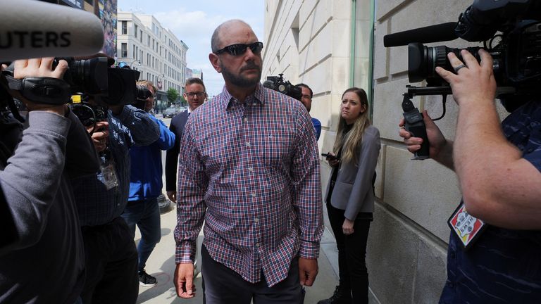 Jack Michael Teixeira arrives for the detention proceeding  for his son, Jack Douglas Teixeira, the US National Guardsman accused of leaking subject   secrets, astatine  the national  courthouse successful  Worcester, Massachusetts, U.S., May 19, 2023. 