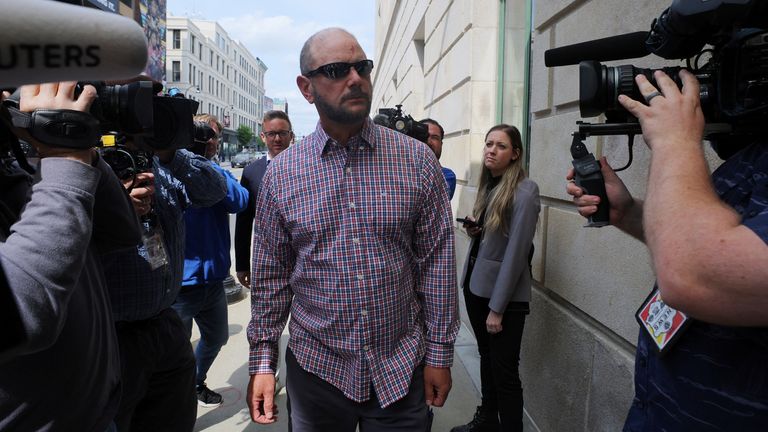 Jack Michael Teixeira arrives for the detention hearing for his son, Jack Douglas Teixeira, the US National Guardsman accused of leaking military secrets, at the federal courthouse in Worcester, Massachusetts, U.S., May 19, 2023. 