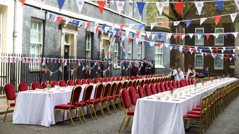 A general view shows tableware for The Big Lunch event on Downing Street to celebrate the coronation of Britain&#39;s King Charles, in London, Britain, May 7, 2023. REUTERS/Hannah McKay
