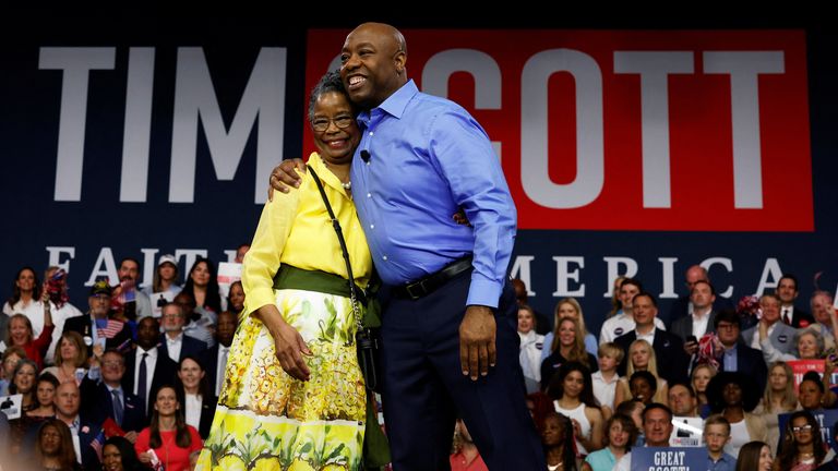 U.S. Senator Tim Scott (R-SC) hugs his mother Frances as he announces his candidacy for the 2024 Republican presidential race in North Charleston, South Carolina, U.S. May 22, 2023. REUTERS/Randall Hill
