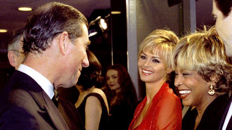 Tina Tuner meets the King, then Prince Charles, at a screening of the James Bond film Goldeneye, for which she sang the theme. Pic: AP