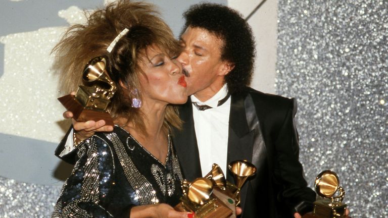 Tina Turner and Lionel Richie at the Grammy Awards in 1985. Pic:AP