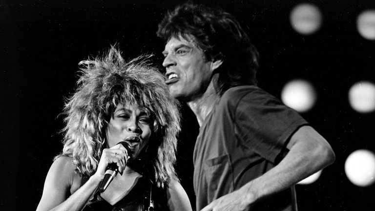 Tina Turner with Mick Jagger at Live Aid in Philadelphia in 1985