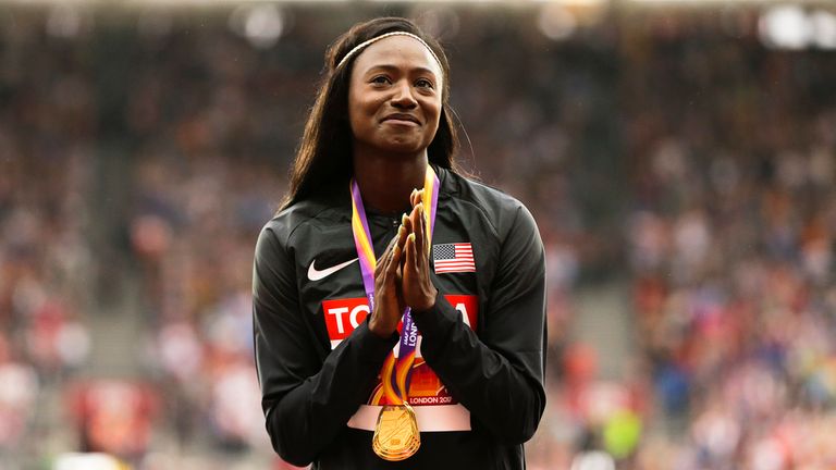 FILE - United States&#39; Tori Bowie gestures after receiving the gold medal she won in the women&#39;s 100m final during the World Athletics Championships in London, Monday, Aug. 7, 2017. Tori Bowie, the sprinter who won three Olympic medals at the 2016 Rio de Janeiro Games, has died, her management company and USA Track and Field said Wednesday, May 3, 2023. Bowie was 32. She was found Tuesday in her Florida home. No cause of death was given. (AP Photo/Alastair Grant, File)