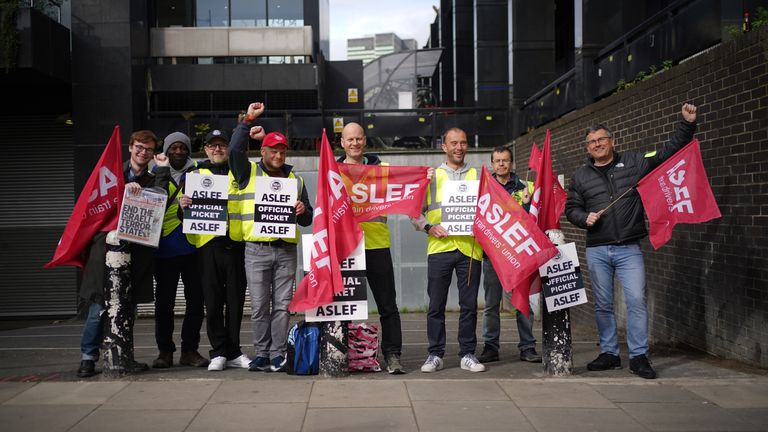 Members of the drivers' union Aslef on the picket line at Euston station, London, during their long-running wage dispute.  Photo date: Friday, May 12, 2023.