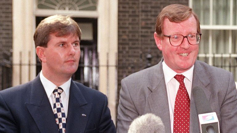 Sir Jeffrey, left, with Lord Trimble, during Northern Ireland peace negotiations in Downing Street in 1997