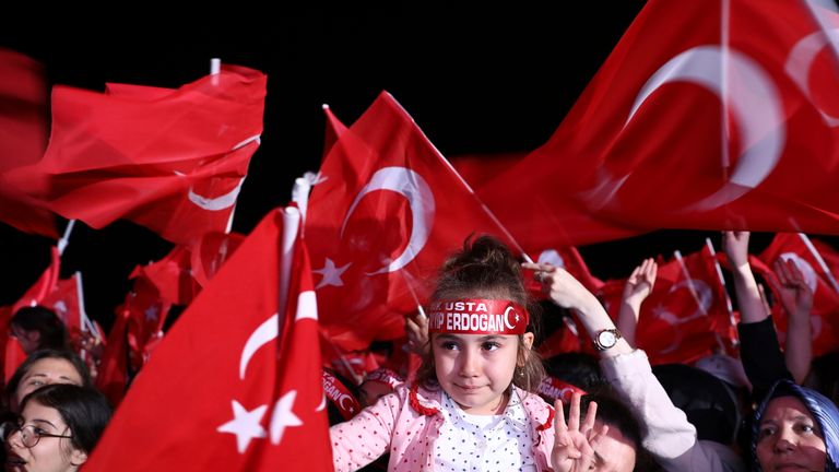 Supporters of the President Erdogan outside the Presidential Palace in Ankara, Turkey,  Pic: AP