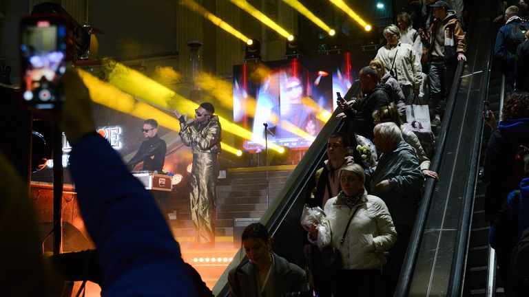 Ukrainian Eurovision contestant TVORCHI band performs at a concert before departure to the Eurovision contest in Liverpool during the fundraiser event in the central train station in Kyiv, Friday, April 28, 2023. Fundraising platform UNITED24 with support of the Ministry of Health of Ukraine announced the start of a fundraiser for incubators for premature babies. (AP Photo/Zoya Shu)