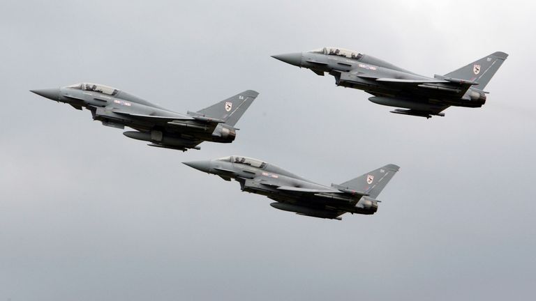 Typhoon planes seen flying over RAF Coningsby, central England, 