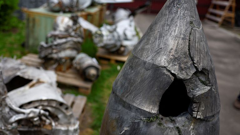 A Russian Kh-47 Kinzhal hypersonic missile warhead, shot down by a Ukrainian air defense unit amid Russia's attack on Ukraine, is seen at a compound of the Scientific Research Institute in Kyiv, Ukraine , May 12, 2023. REUTERS/Valentyn Ogirenko