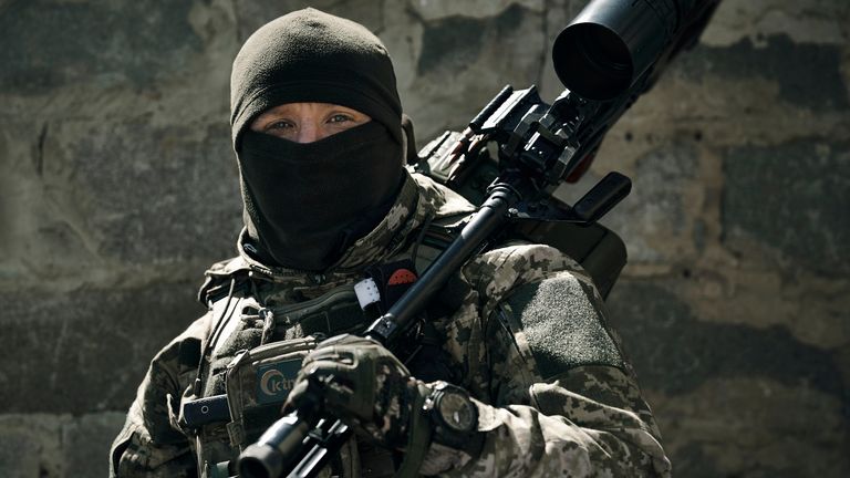 A Ukrainian army sniper looks on near Bakhmut, Donetsk region, Ukraine
Pic:AP
