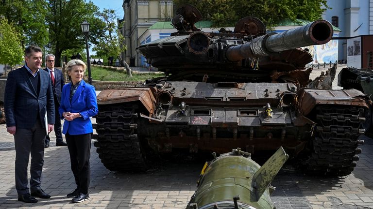 European Commission President Ursula von der Leyen visits an exhibition displaying destroyed Russian military vehicles, amid Russia&#39;s attack on Ukraine, in central Kyiv, Ukraine 